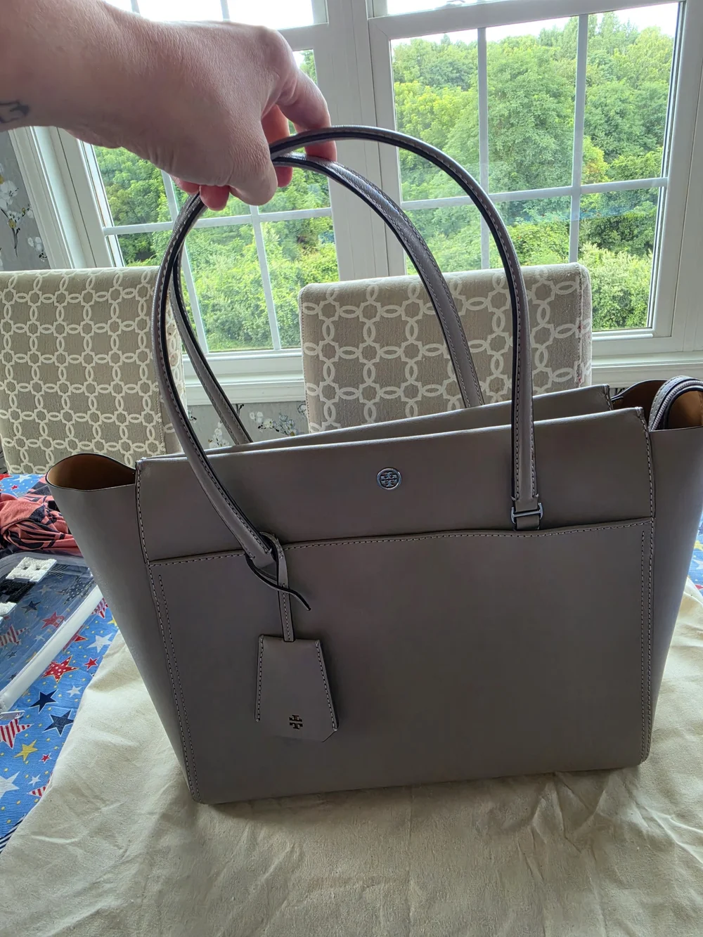 Tory Burch Leather Robinson Tote in Gray Heron-14.6”x 11”x 5.9” Like new